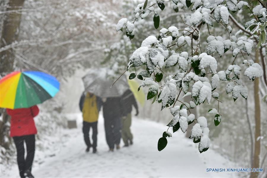 Gente escalan una monta?a en la nieve en Nanjing, capital de la provincia de Jiangsu, este de China, enero 22, 2016. La estación central Meteoical emitió alerta amarilla para el brote de aire frío viernes. (Xinhua / Wang Yuewu)