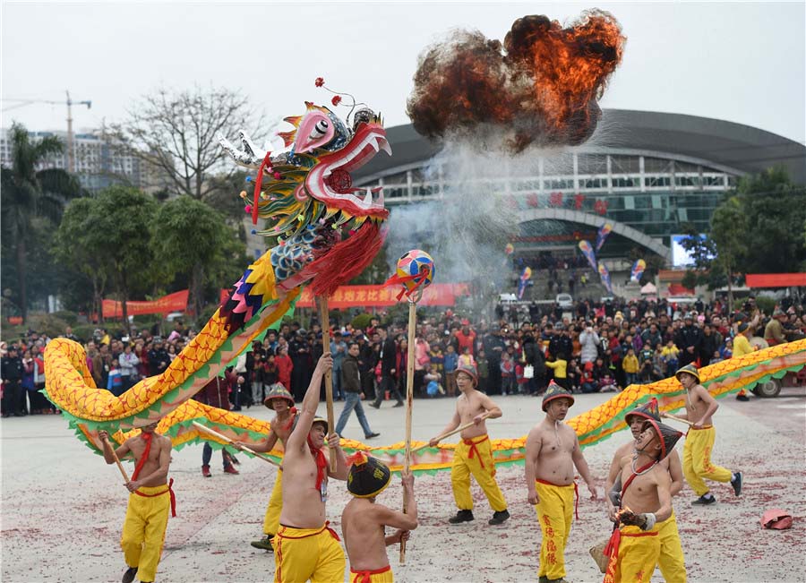 Zou Yute comprueba el estado de un farolillo de dragón en el condado Binyang, región autónoma Zhuang de Guangxi, el 16 de febrero de 2016. [Foto/Xinhua]