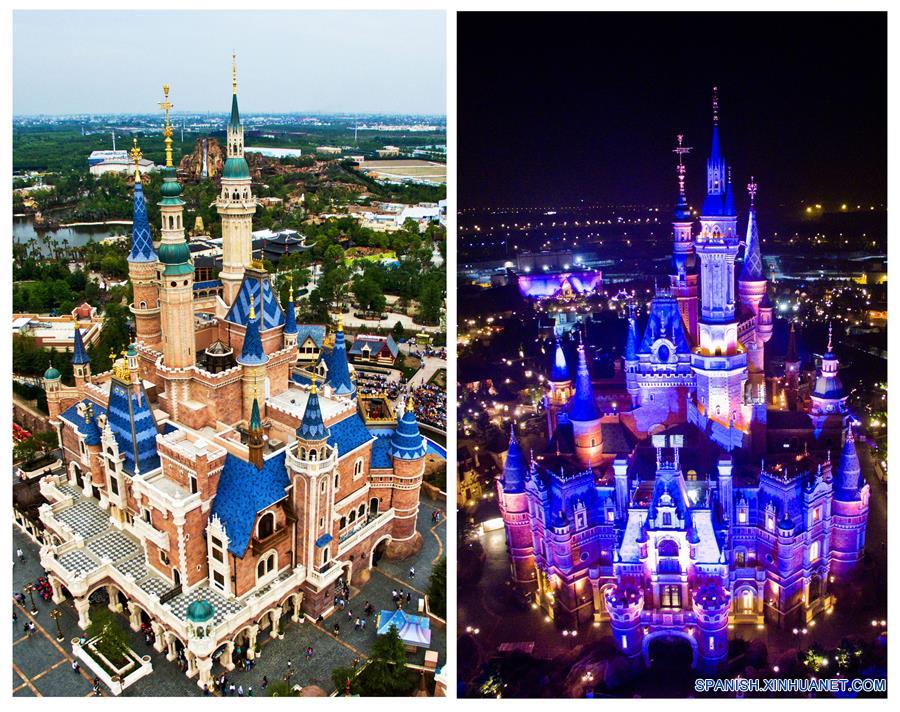 SHANGHAI, mayo 31, 2016 (Xinhua) -- Imagen combinada de la vista de día (i), el 18 de mayo de 2016 y la vista de noche, (d), el 30 de mayo de 2016 del Shanghai Disney Resort en Shanghai, en el este de China. Shanghai Disney Resort, el Disneylandia más grande de Asia, abrirá al público el 16 de junio de 2016. (Xinhua/Str)