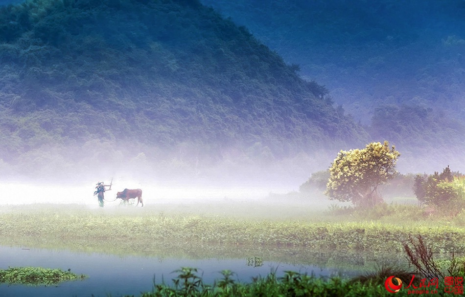 Río Xin'an en la niebla del amanecer