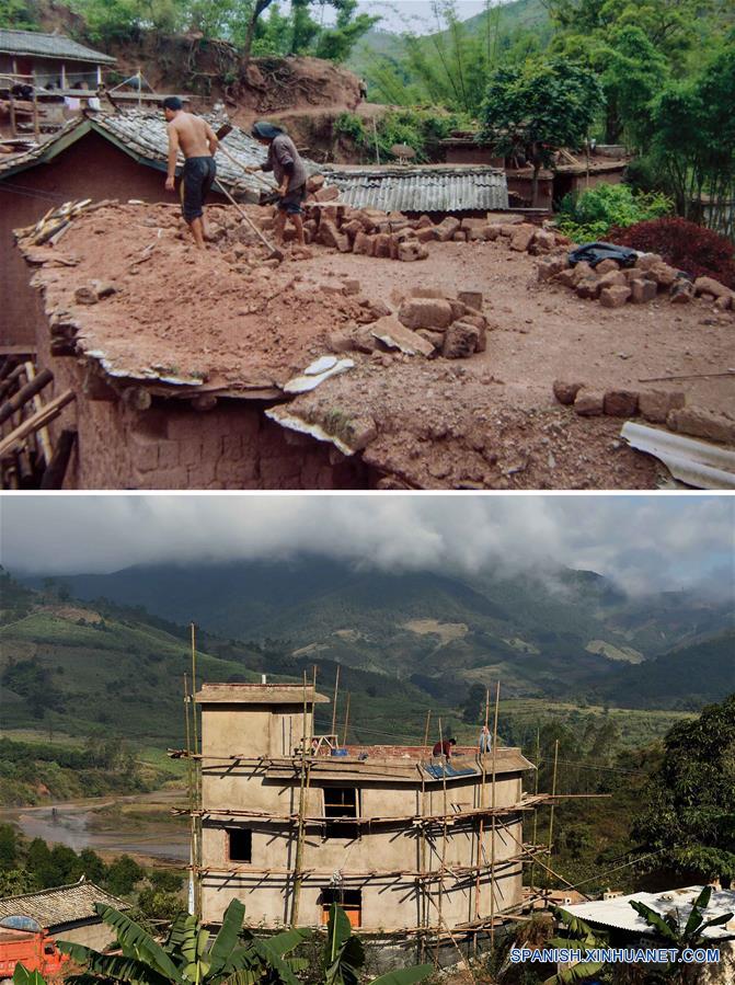 La foto superior tomada el 19 de agosto de 2009 muestra a residentes de la etnia hani del distrito Mojiang reparando la casa. La inferior tomada el 12 de enero de este a?o muestra a unos aldeanos del mismo distrito construyendo una casa.