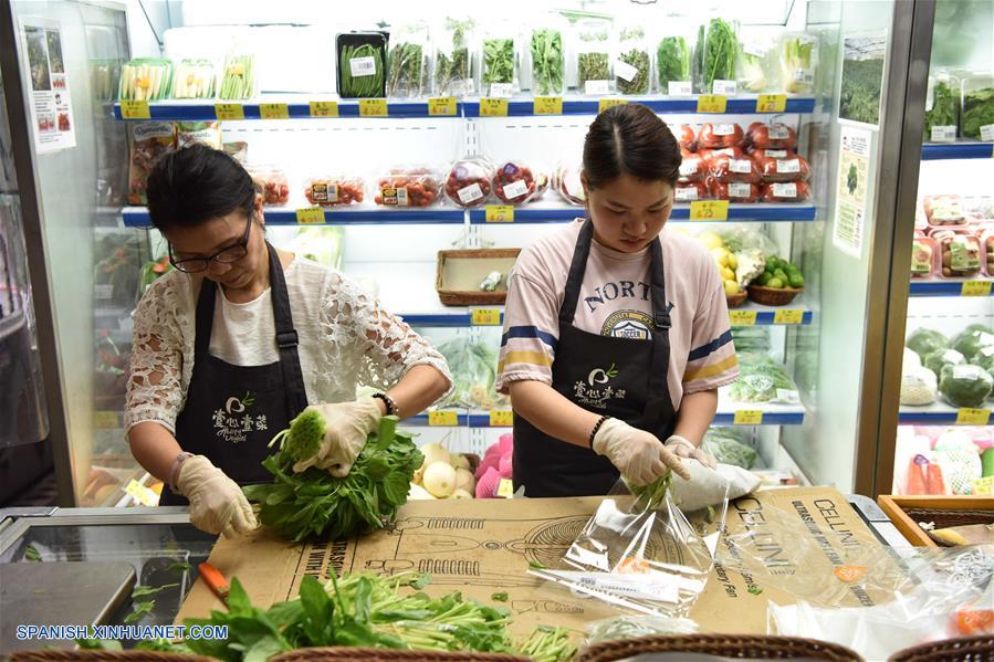 HONG KONG, junio 18, 2017 (Xinhua) -- Imagen del 17 de junio de 2017, de tenderas empacando amaranto comestible, en Hong Kong, en el sur de China. Según las estadísticas de las autoridades locales, más del 85 por ciento de los vegetales, frutas y aves de corral vivas que llegaron desde la parte continental de China a los mercados de Hong Kong, fueron transportados a través del puerto Wenjindu de Shenzhen. (Xinhua/Lui Siu Wai)