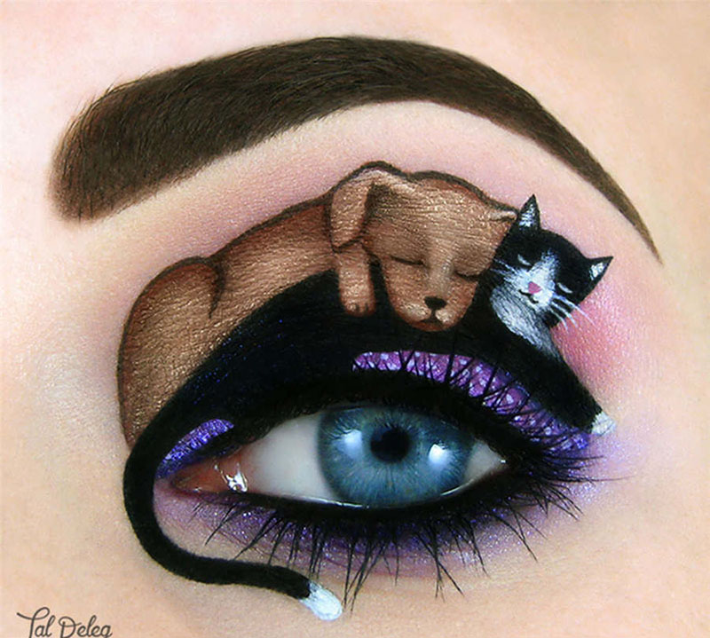 La artista israelí del maquillaje Tal Peleg utilizó sus propios párpados como un lienzo para crear una enso?ación cosmética donde duermen perro y gato. [Foto: IC]