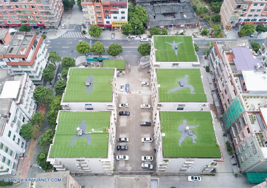 Postura de Kung-fu sobre césped en los techos de los edificios en Fujian