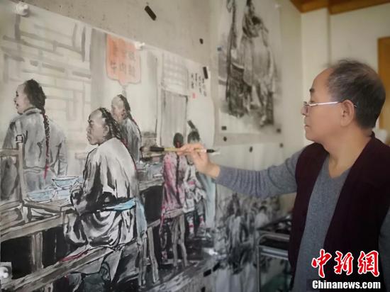 Obra de Wang con temática local: lugare?os disfrutando de los fideos con carne, una especialidad de la ciudad. (Foto: Chinanews. com)