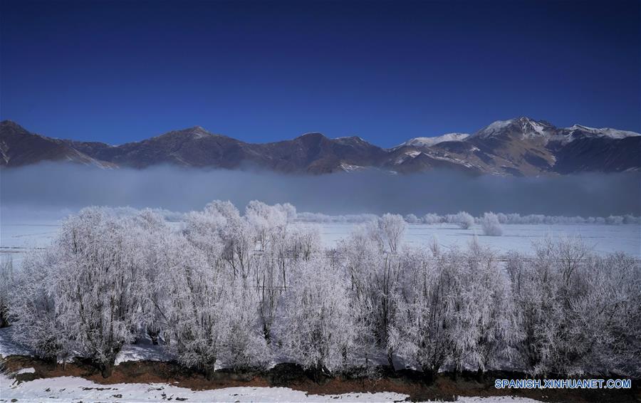 El paisaje cubierto de nieve en el Río Yarlung Zangbo