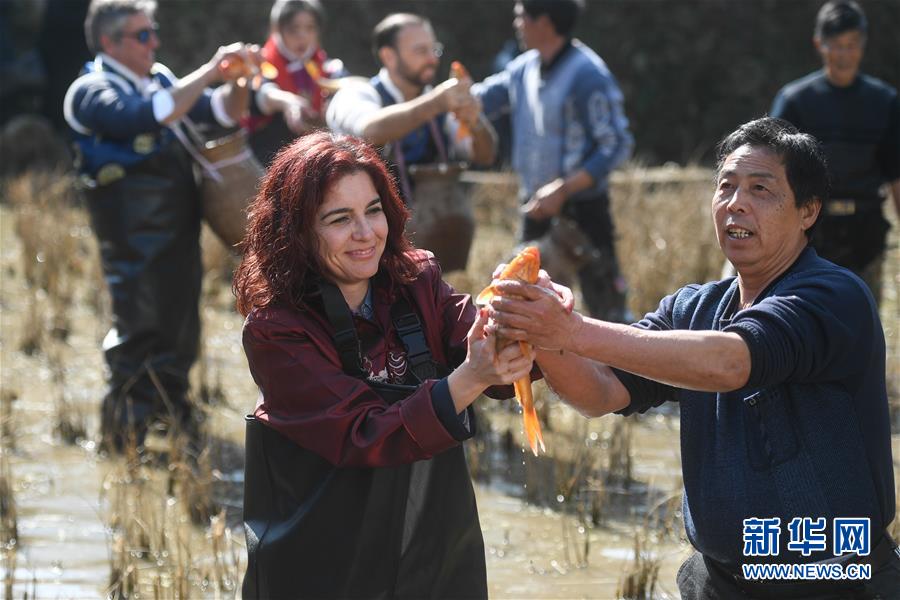 El 27 de enero, Mia (parte delantera izquierda) de Portugal aprendió a pescar en la aldea Longxian.