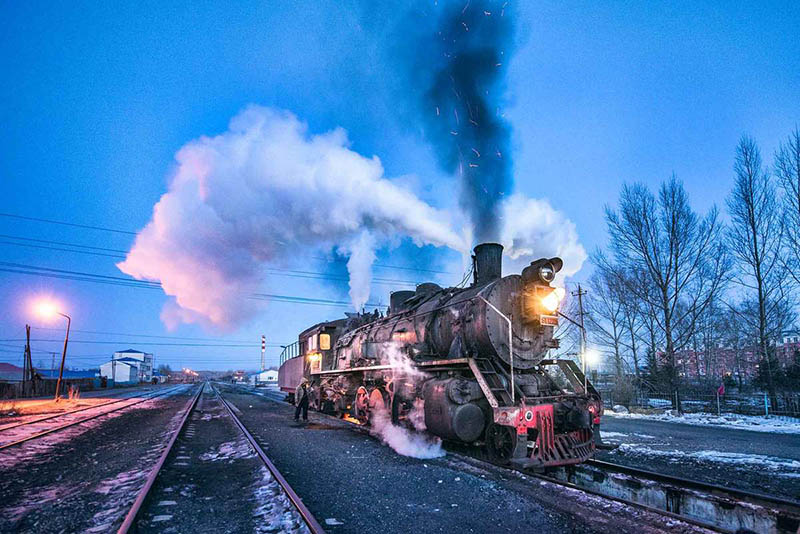 Un tren se detiene en la ciudad autónoma de Yakeshi en Hulunbuir, región autónoma de Mongolia Interior del norte de China, en febrero de 2019. [Foto de Wang Tiancheng / para chinadaily.com.cn]