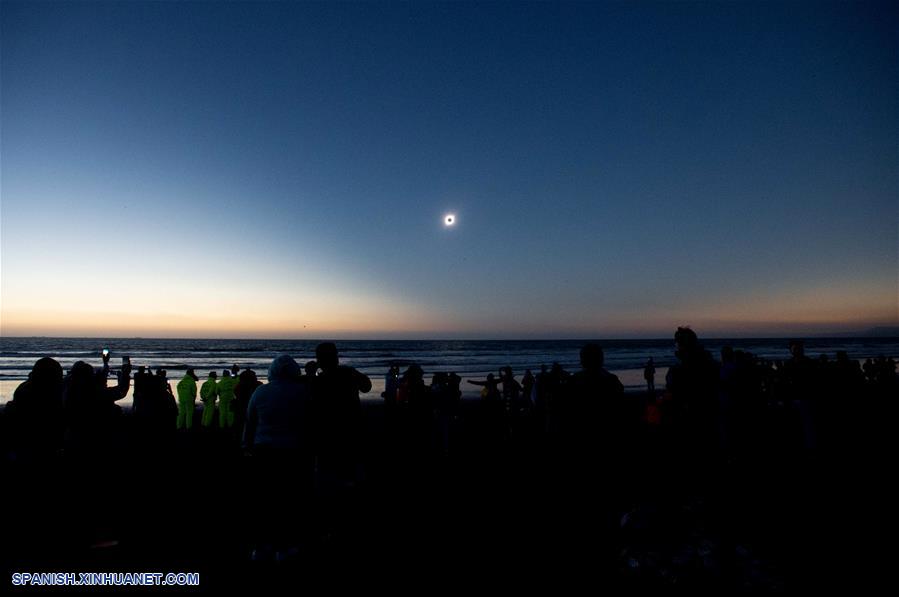 Personas observan el eclipse solar total, en la ciudad de La Serena, en la región de Coquimbo, Chile, el 2 de julio de 2019. Miles de personas se aglutinaron en las playas de La Serena y Coquimbo, unos 470 kilómetros al norte de Santiago y a nivel del mar, donde el punto central del eclipse solar total tuvo una duración de dos minutos y 15 segundos. (Xinhua/Jorge Villegas)