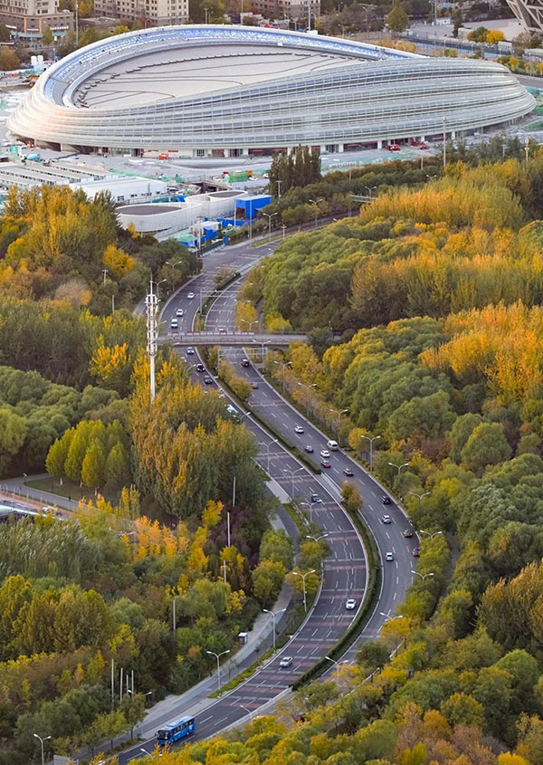 El 23 de octubre de 2020, la foto muestra el Estadio Nacional de Patinaje de Velocidad de Beijing, apodado "Cinta de Hielo", en construcción. (Liu Shuaiye / Pueblo en Línea)