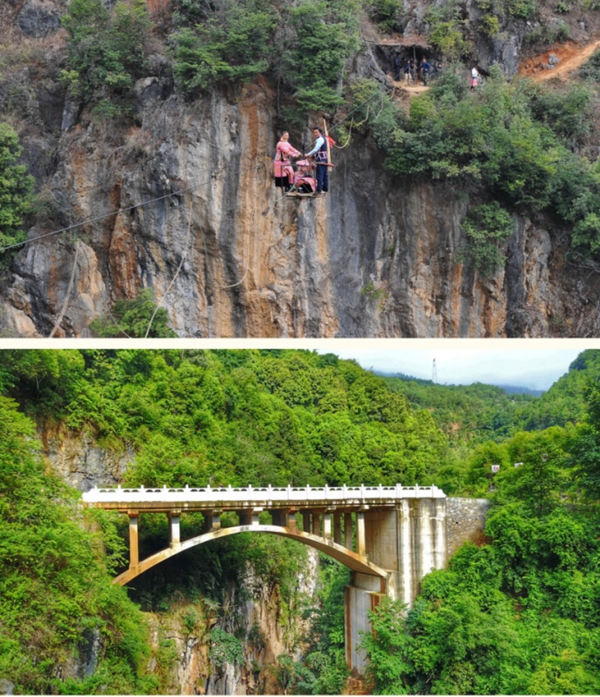 Antes del 2012, los residentes de la aldea de Hongde, en el condado de Shuicheng, provincia de Guizhou, necesitaban cruzar el ca?ón mediante un peligro y precario puente improvisado de cables amarrados. Desde el 2013, la comunidad dispone de un seguro puente de 38 metros de largo. [Fotos: Li Yong/ Qiu Lingfeng/ China Daily]